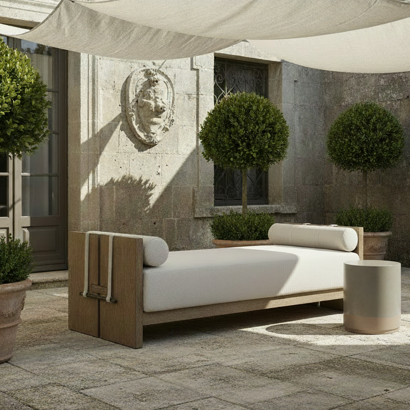 A modern outdoor daybed with a light wood frame and white cushions, styled on a stone patio under a white canopy with potted plants.