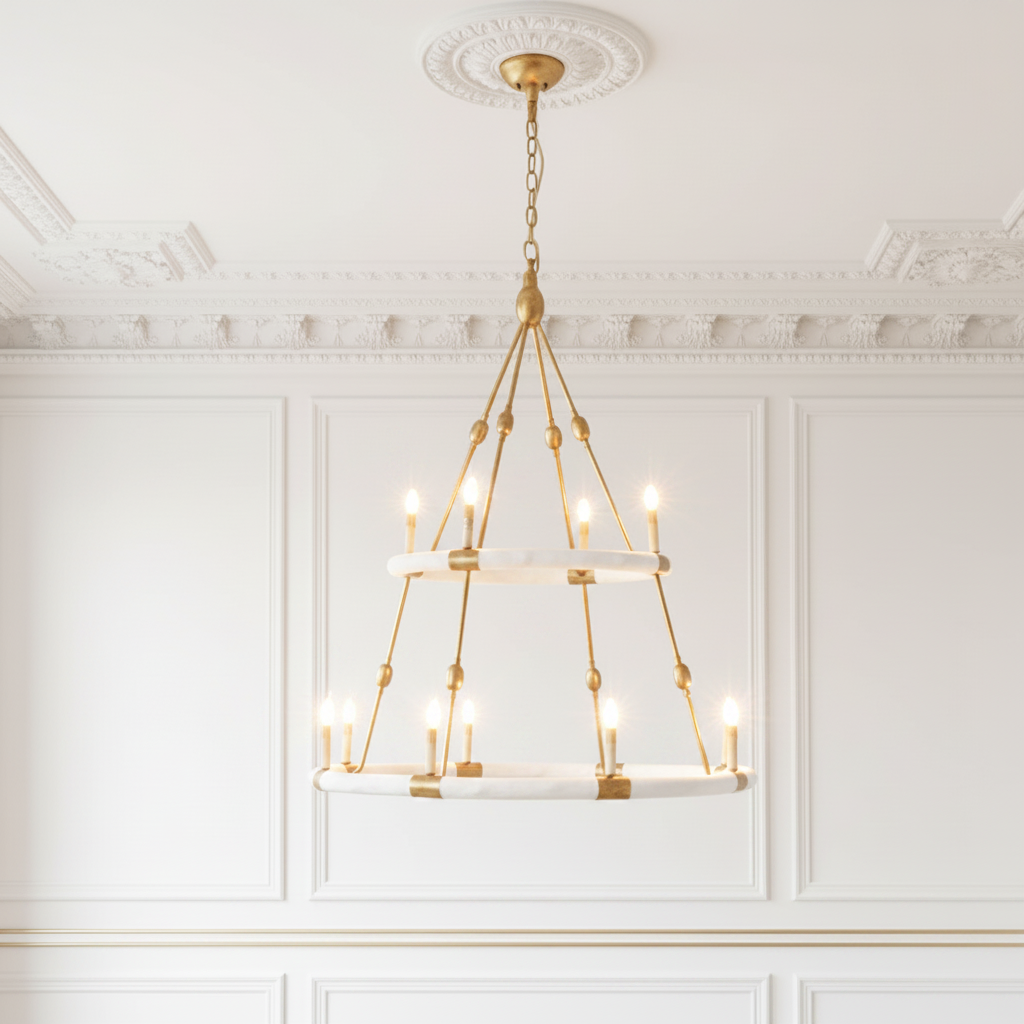 Gold chandelier hanging in a room with white paneled walls