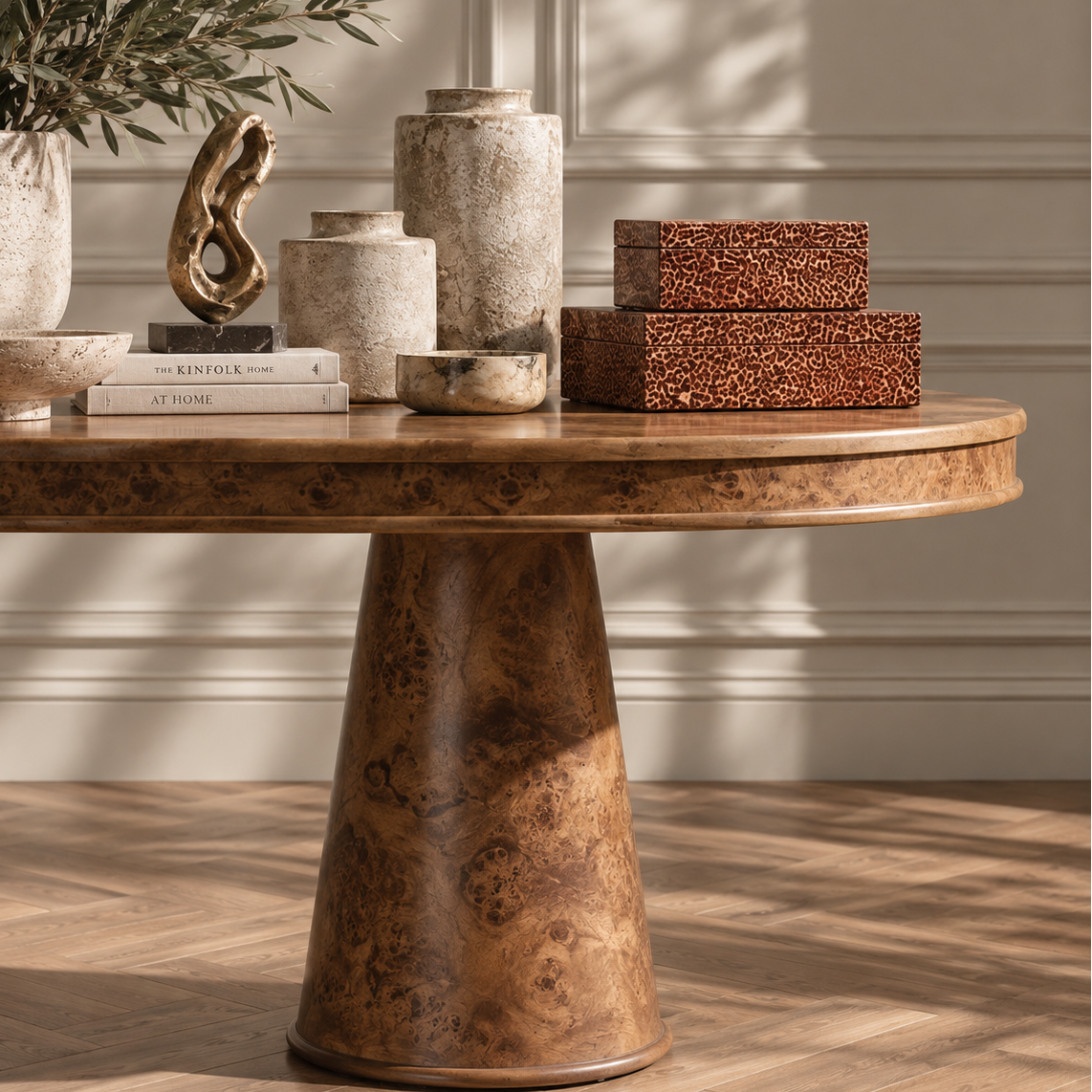 A round wooden dining table with a substantial flared pedestal base, featuring a rich burl wood grain pattern in warm brown and gold tones. The table is styled in a bright room with a herringbone wood floor, decorated with ceramic vases, books, and textured boxes.