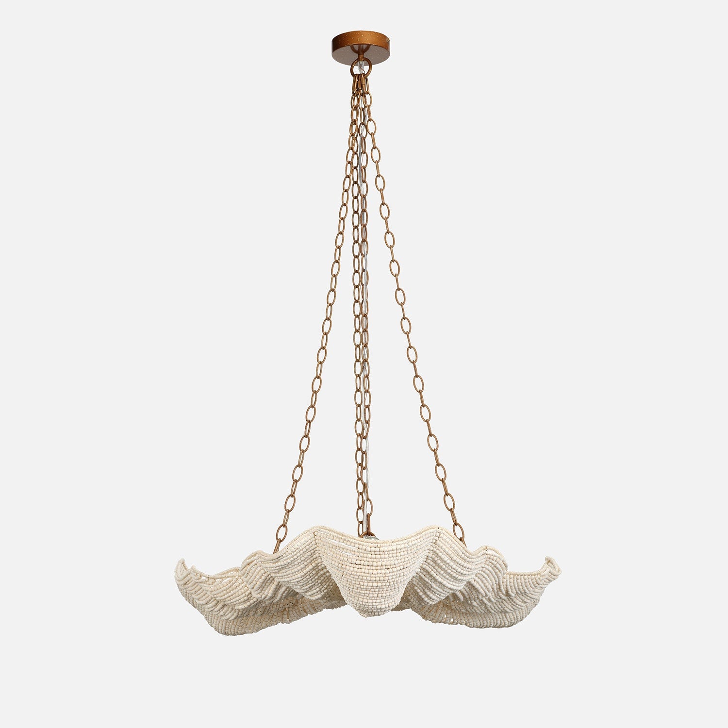 Decorative pendant light with shell design on a white background