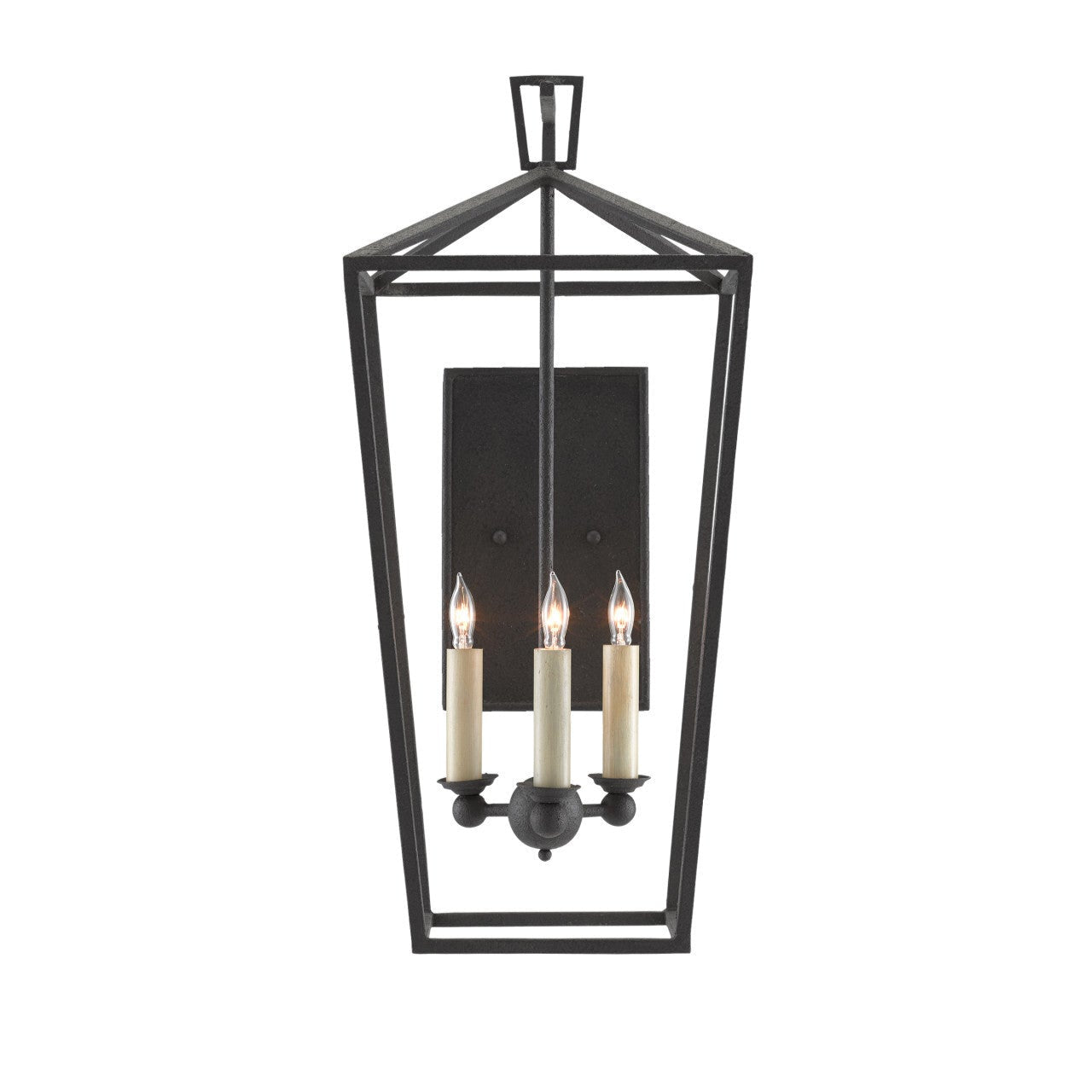 Decorative wall sconce with three candle-style lights on a white background