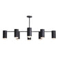 Modern black chandelier with six cylindrical lights on a white background