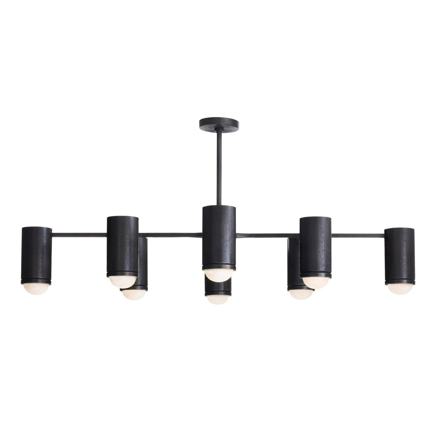 Modern black chandelier with six cylindrical lights on a white background