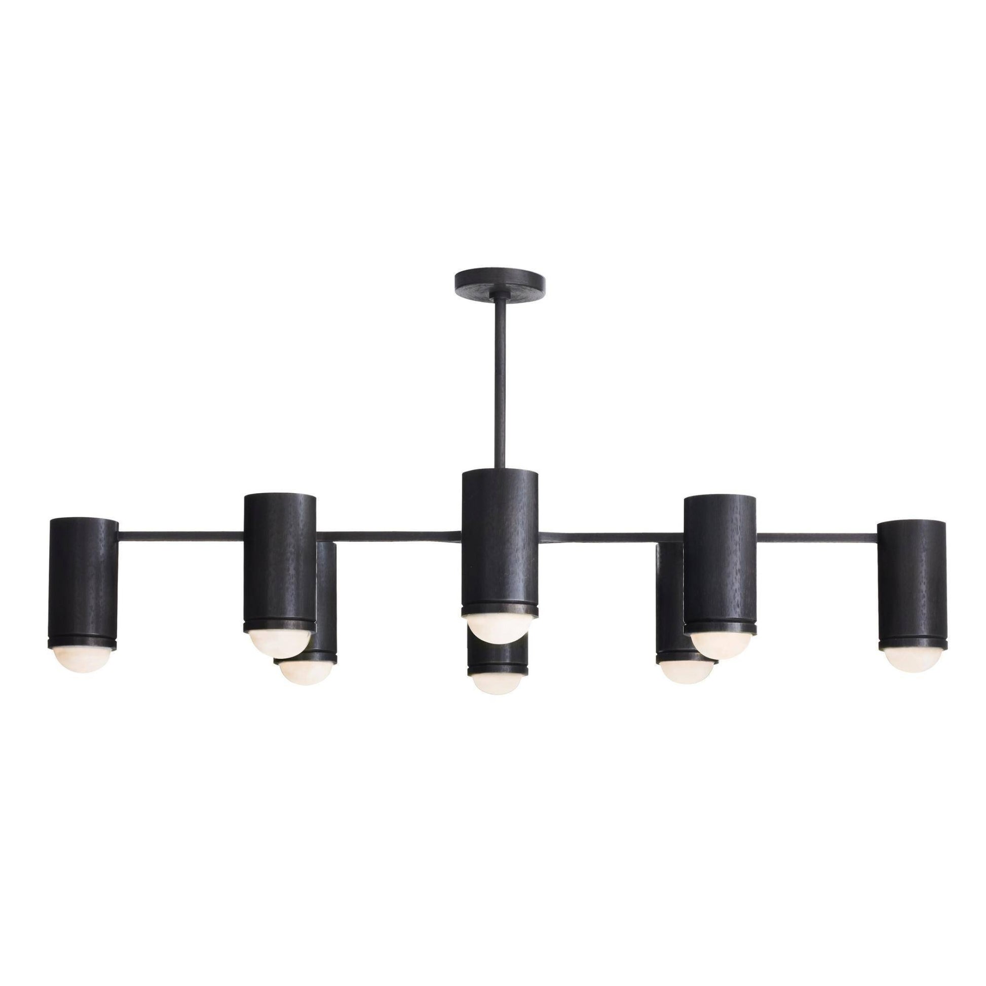 Modern black chandelier with six cylindrical lights on a white background