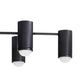 Modern black ceiling light fixture with three cylindrical shades on a white background