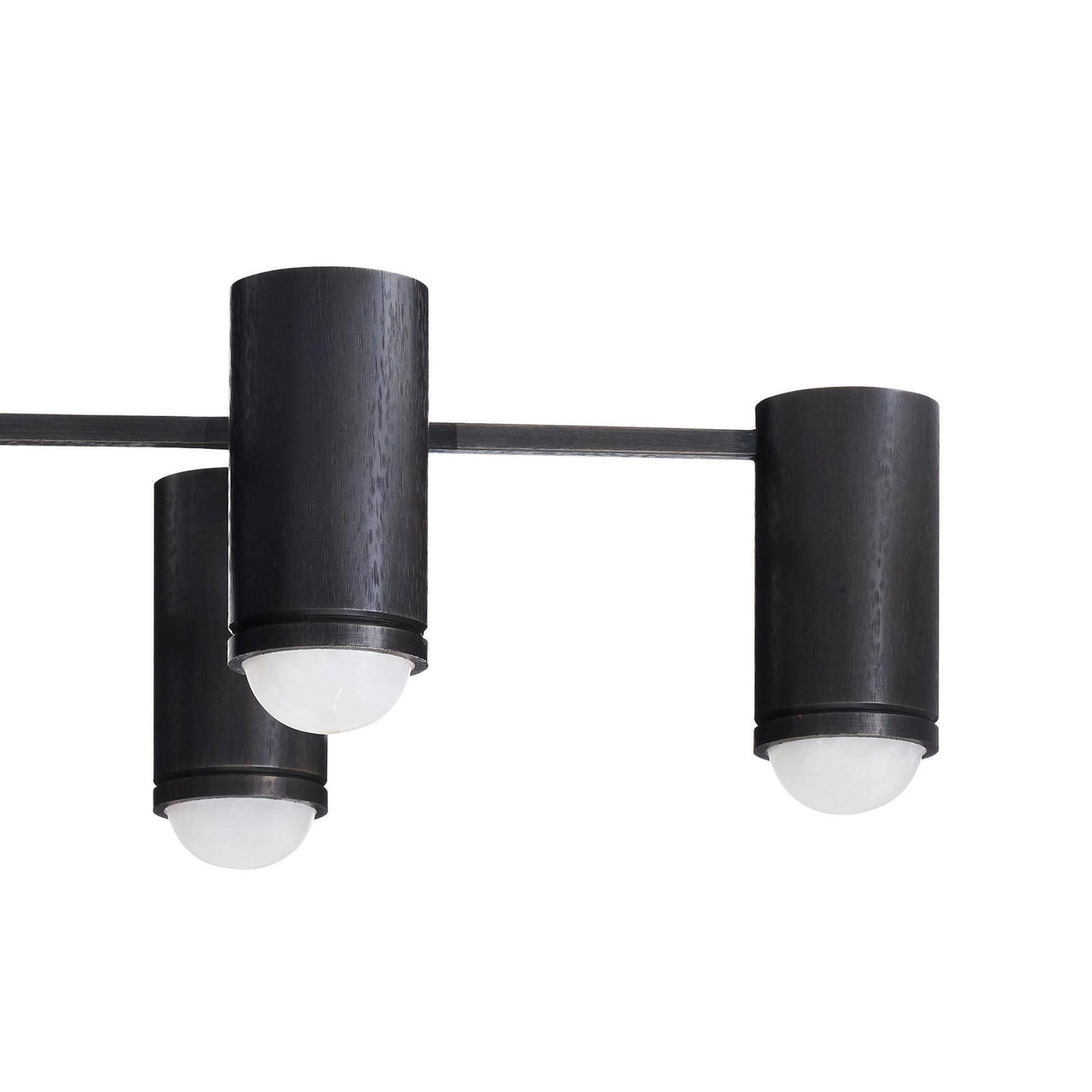 Modern black ceiling light fixture with three cylindrical shades on a white background