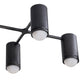 Black ceiling light fixture with four cylindrical lights on a white background