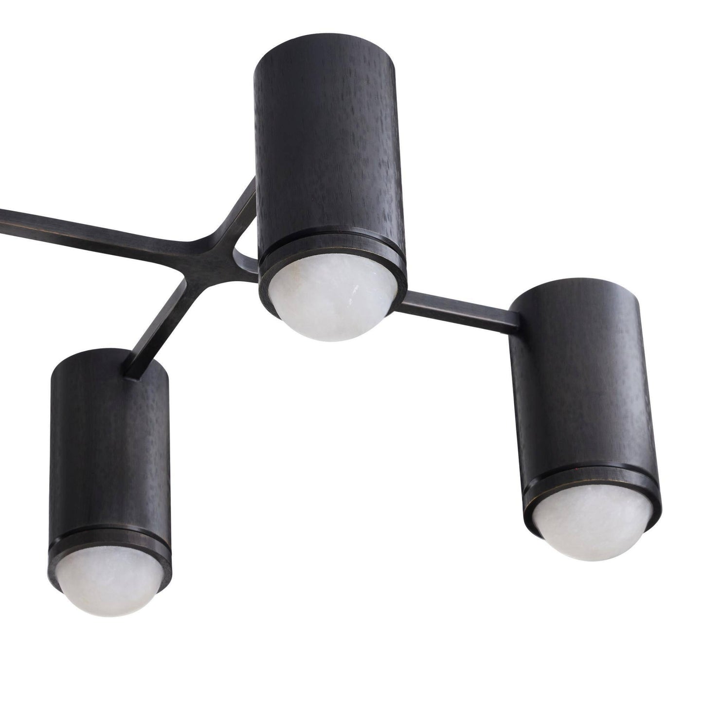 Black ceiling light fixture with four cylindrical lights on a white background