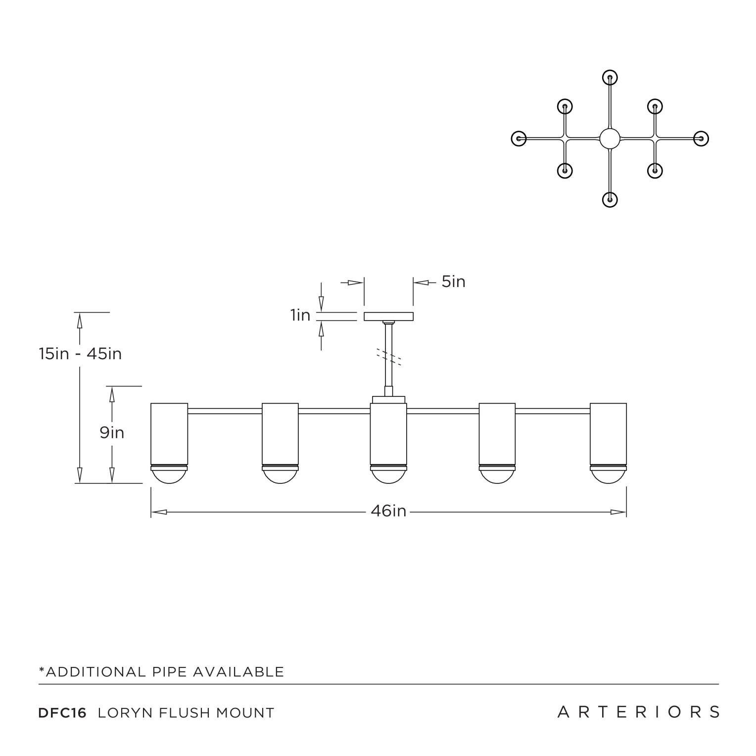 Technical drawing of a Loryn flush mount fixture with dimensions and Arteriors branding.
