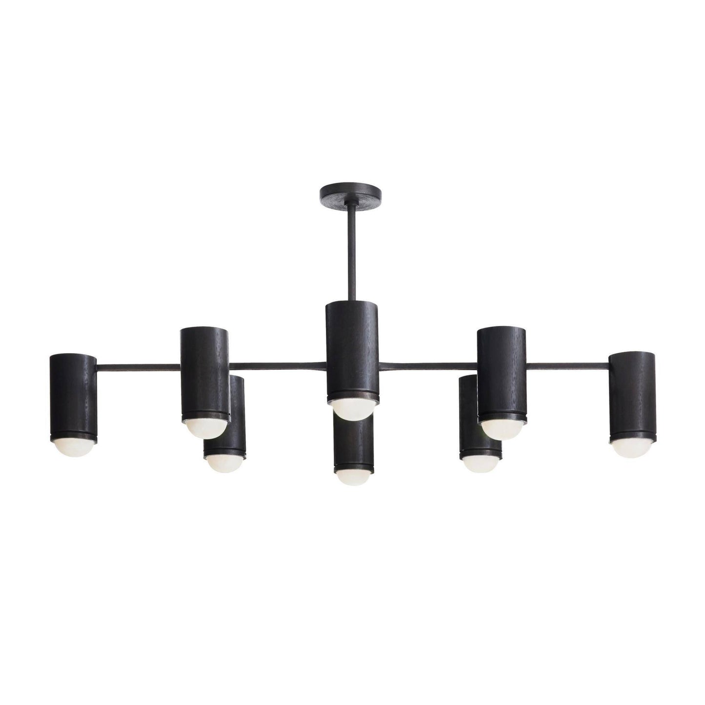 Modern black chandelier with multiple cylindrical lights on a white background