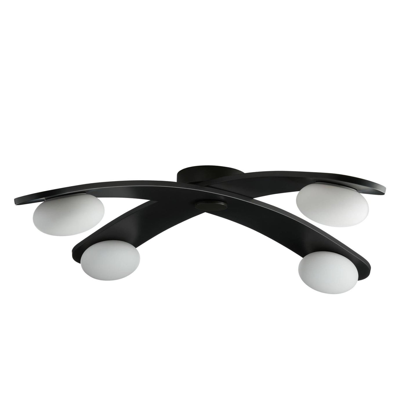 Modern ceiling light fixture with black frame and white glass shades on a white background