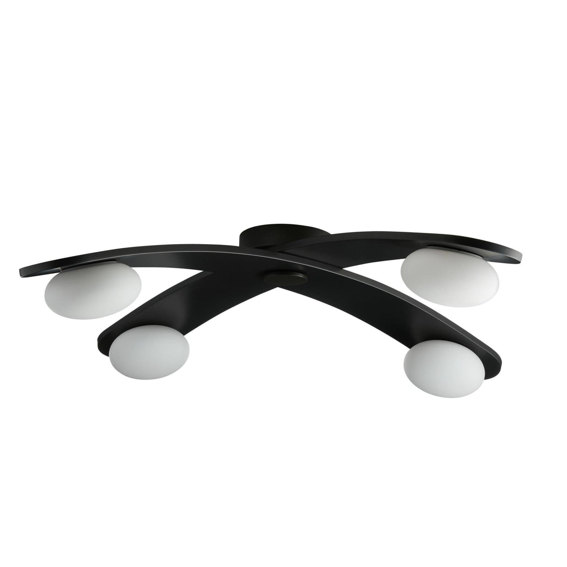 Modern ceiling light fixture with black frame and white glass shades on a white background