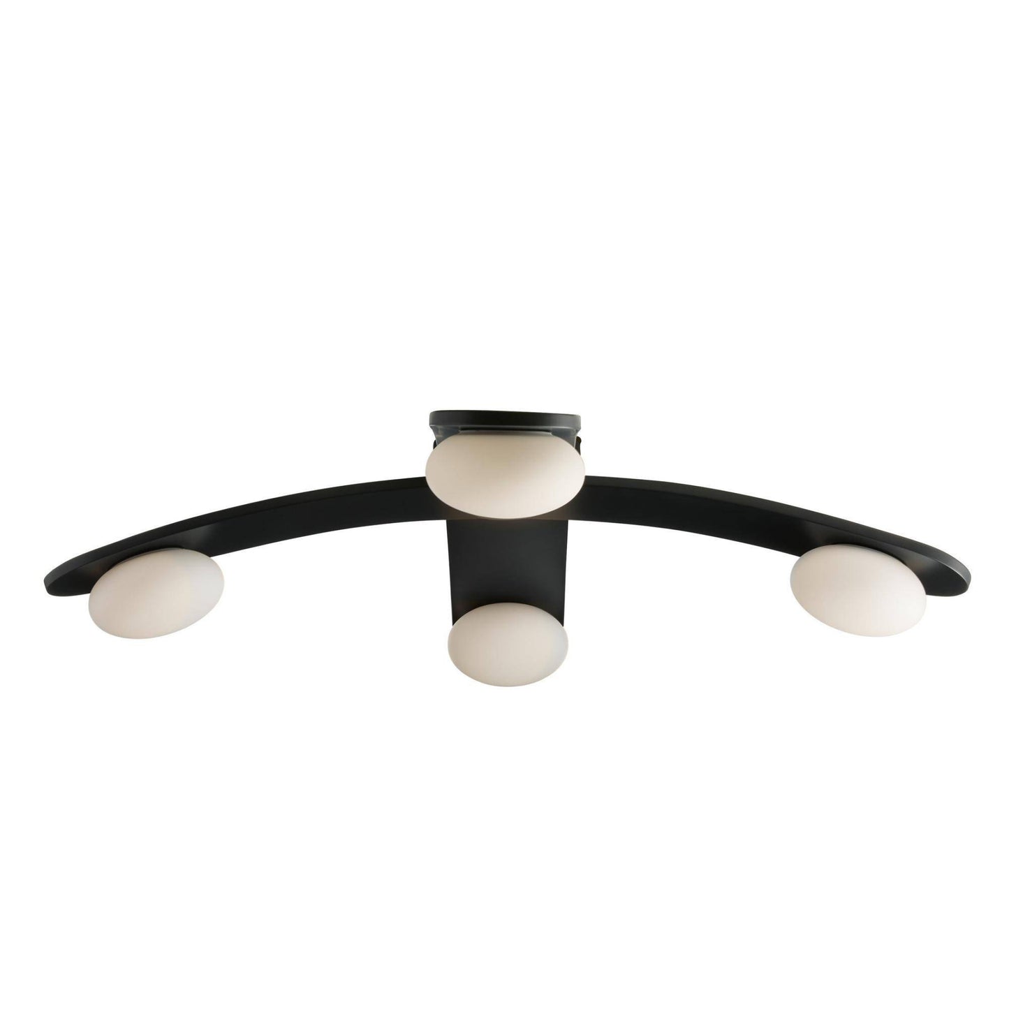 Modern ceiling light fixture with black frame and white glass shades on a white background