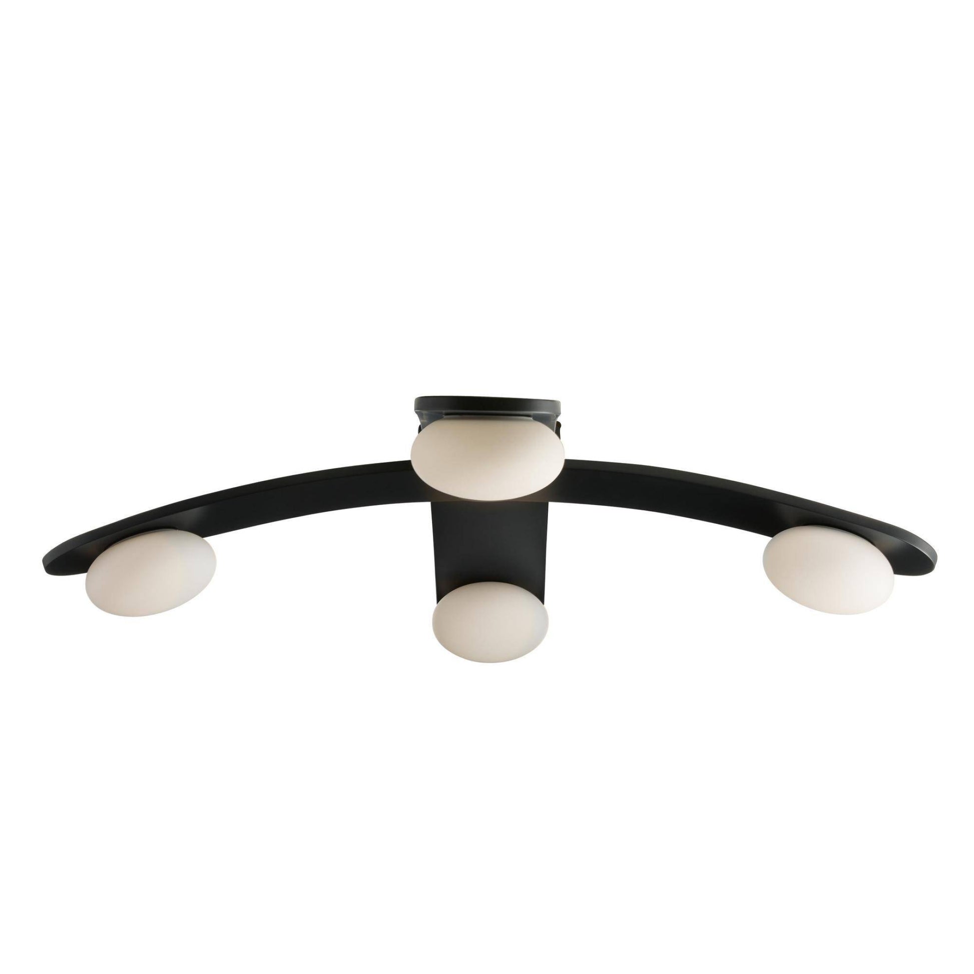 Modern ceiling light fixture with black frame and white glass shades on a white background
