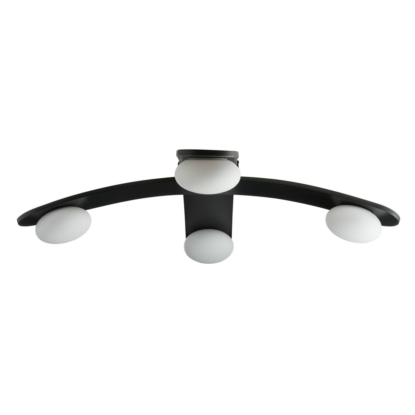 Modern ceiling light fixture with black frame and white glass shades on a white background
