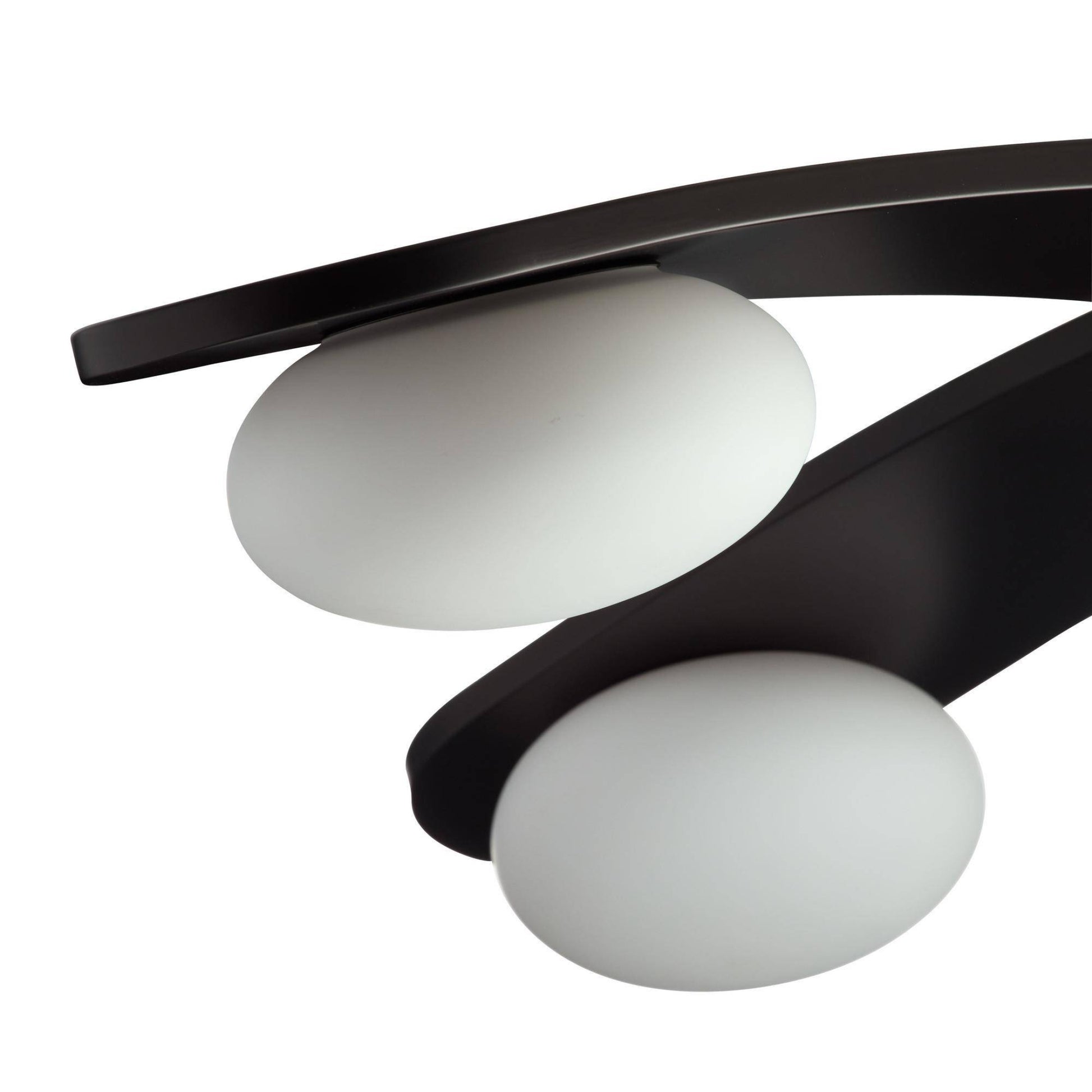 Modern ceiling light fixture with black frame and white glass shades on a white background