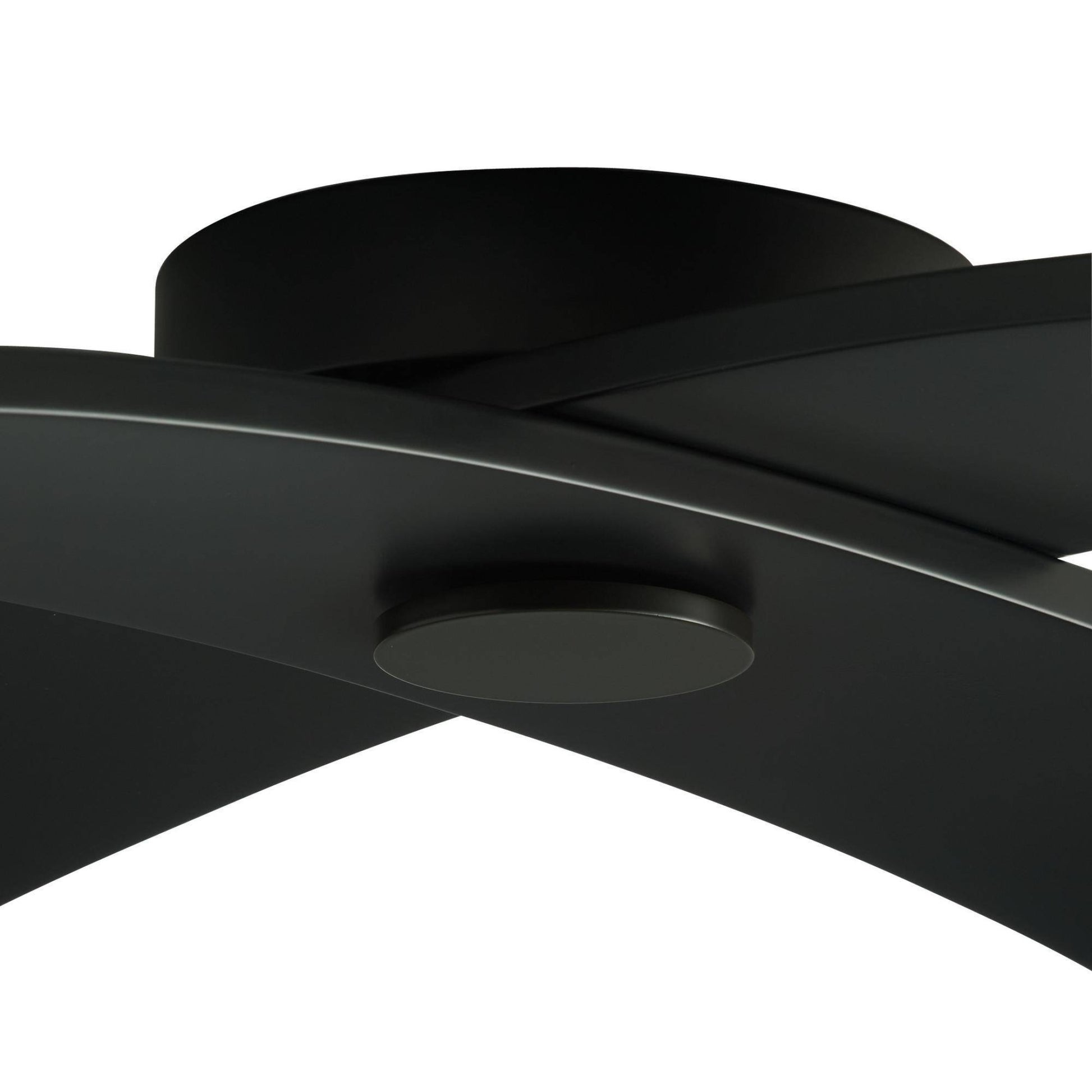 Close-up of a black ceiling fan on a white background