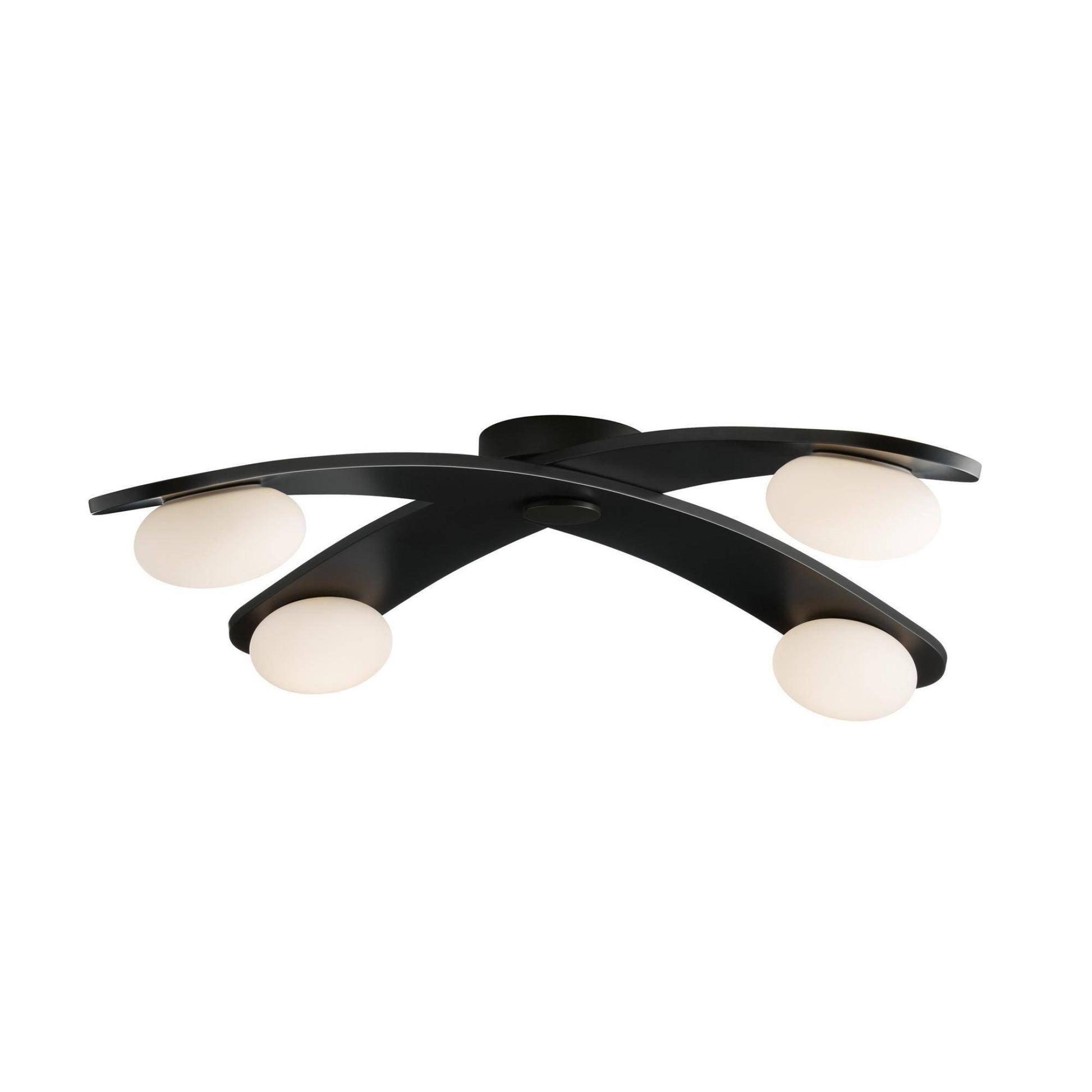 Modern black ceiling light fixture with four round glass shades on a white background