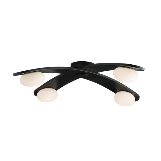 Modern black ceiling light fixture with four round glass shades on a white background