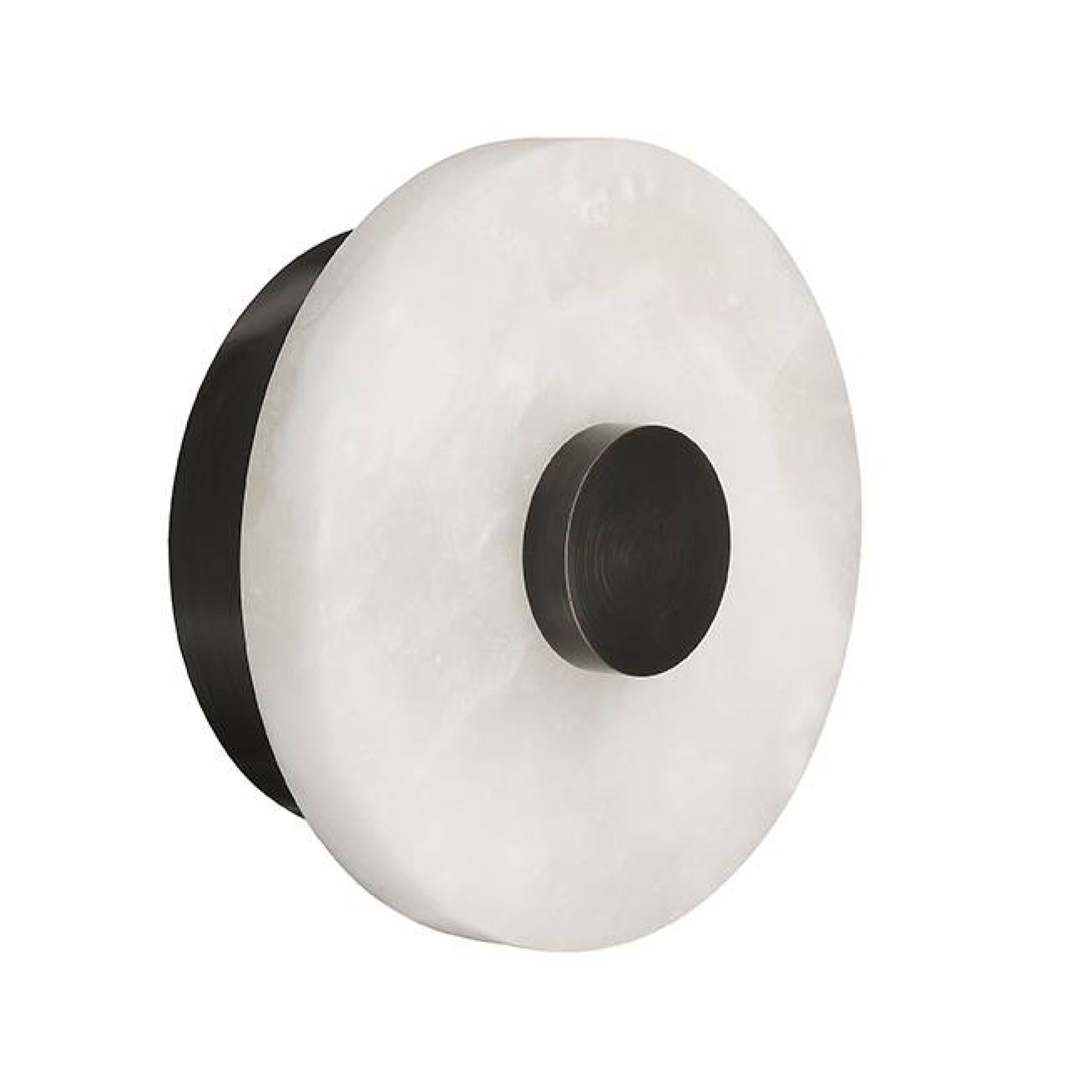 Round wall light fixture with white glass shade and black metal accents on a white background