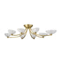 Gold chandelier with white glass shades on a white background