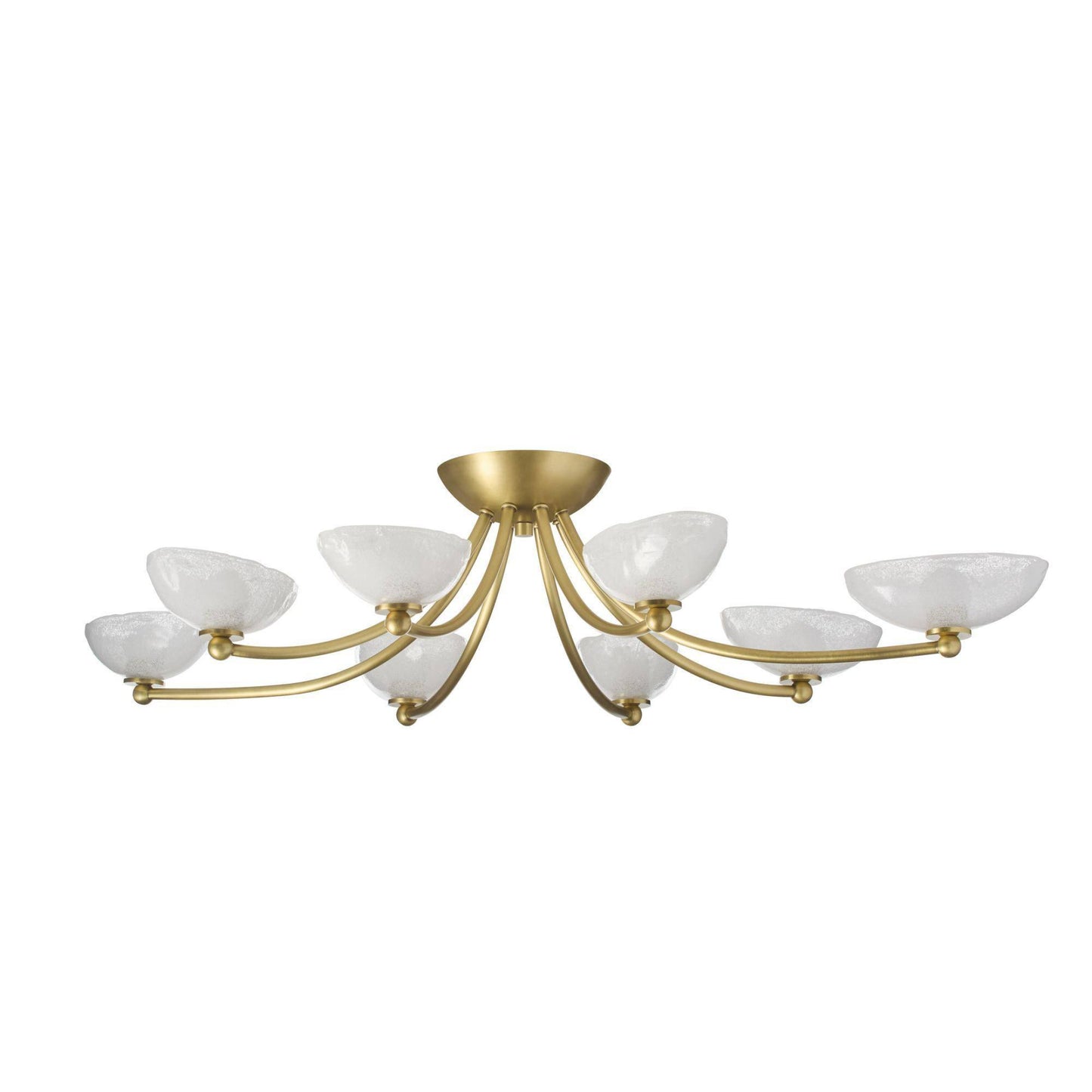 Gold chandelier with white glass shades on a white background