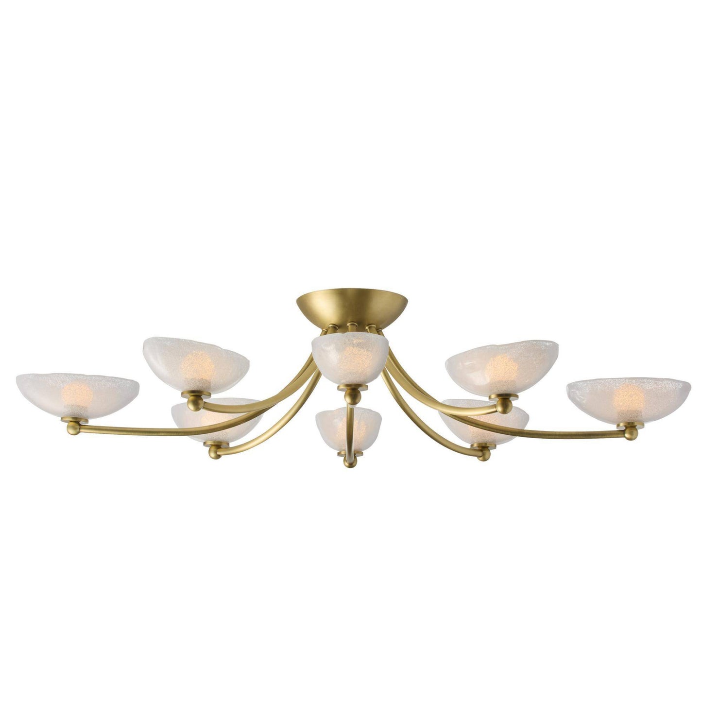 Gold chandelier with white glass shades on a white background