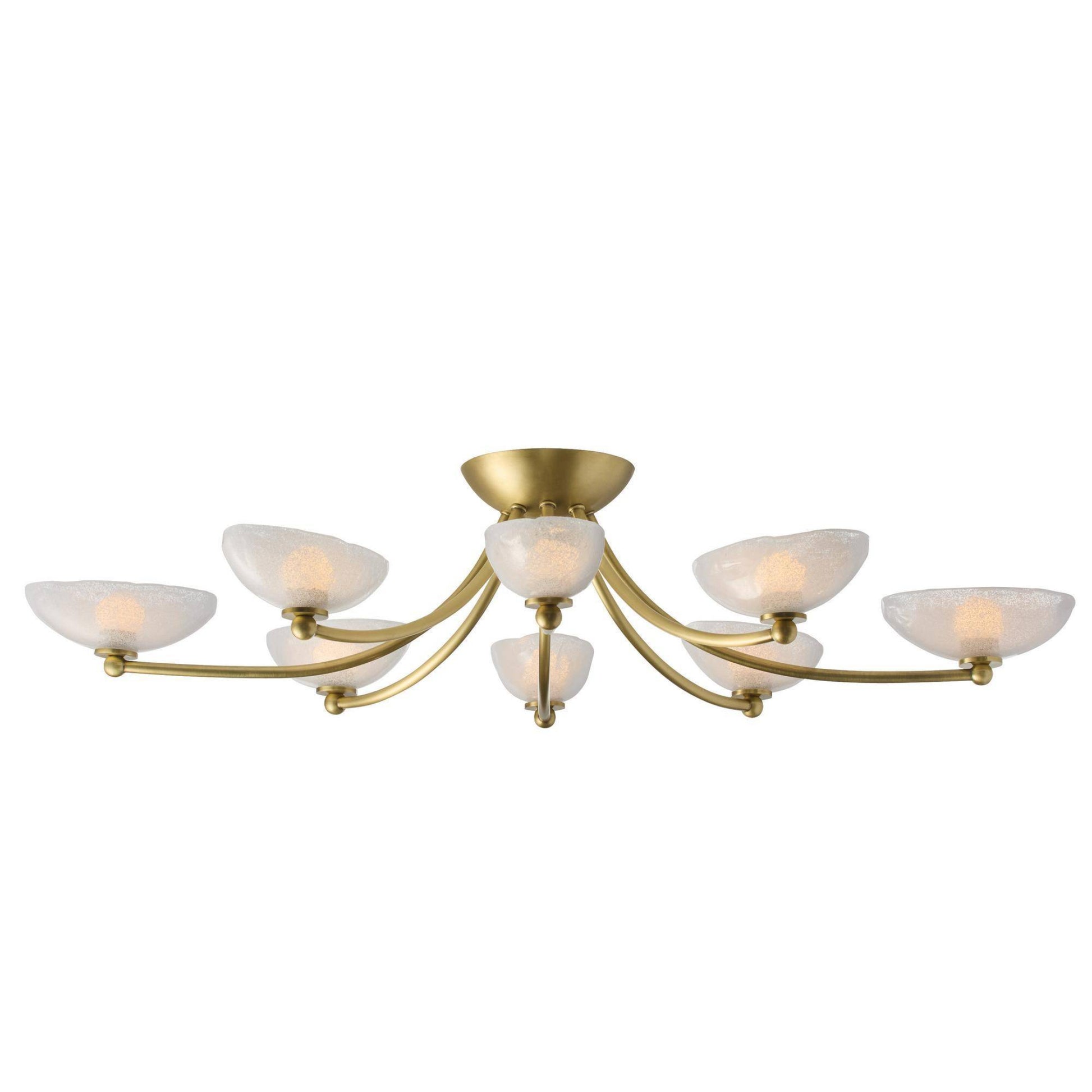 Gold chandelier with white glass shades on a white background