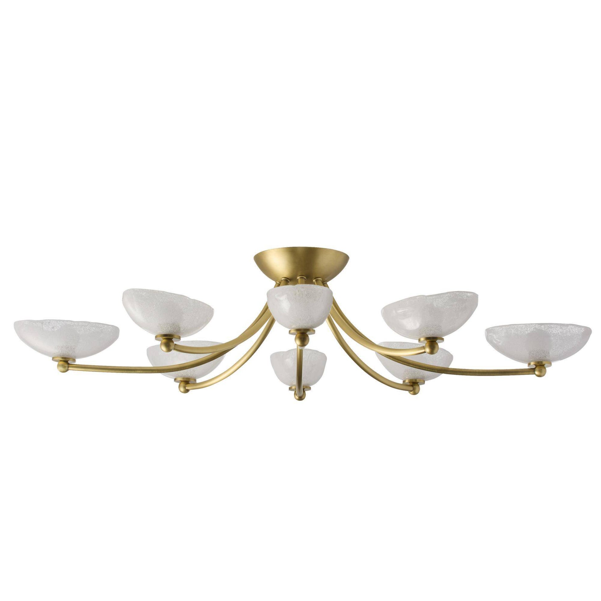 Gold chandelier with white shades on a white background