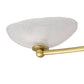 Ceiling light fixture with textured white shade and gold arm on a white background