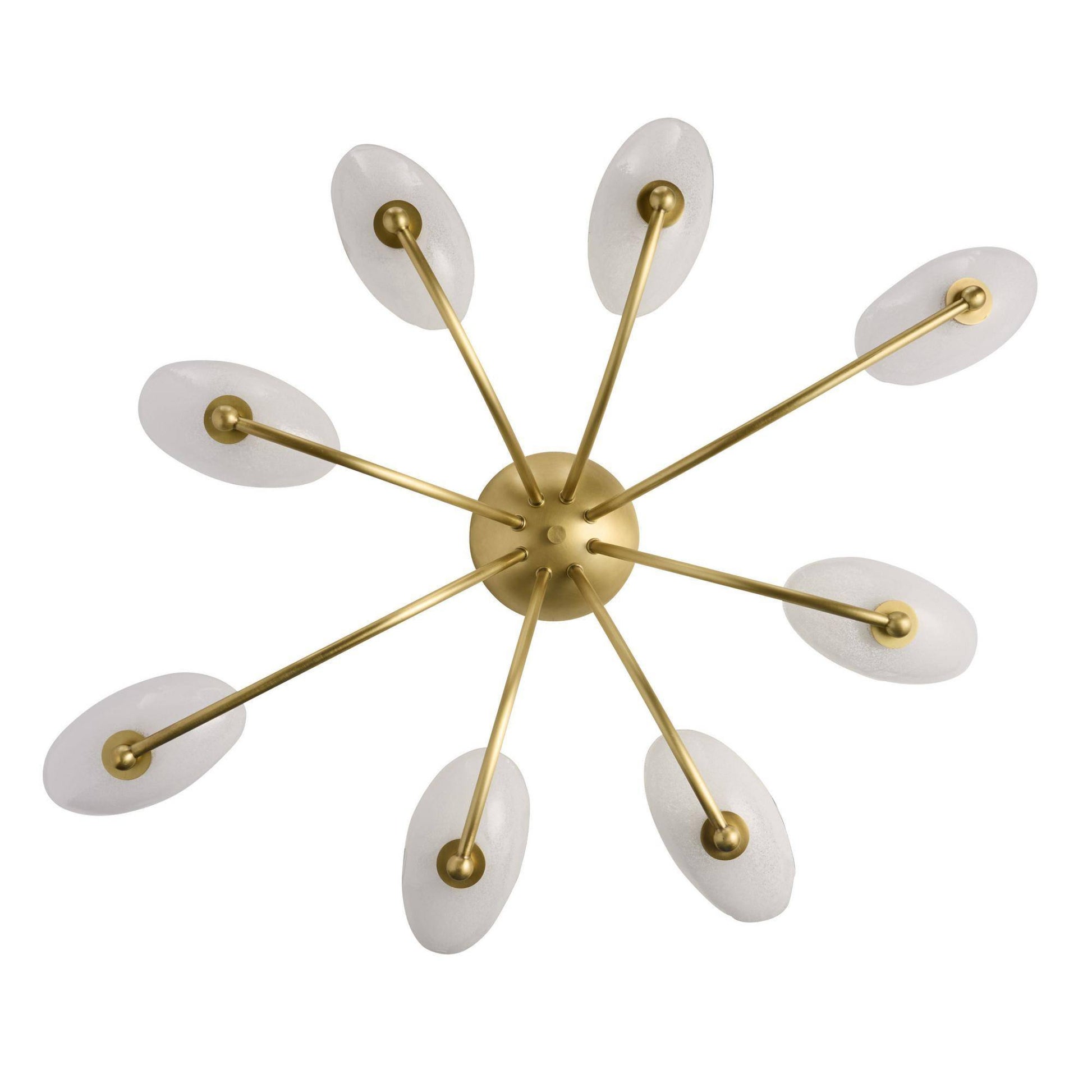 Gold sputnik chandelier with white oval shades on a white background