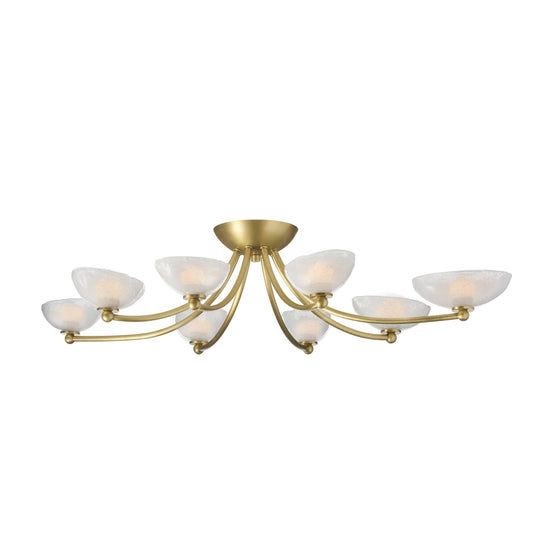 Gold chandelier with multiple light fixtures on a white background