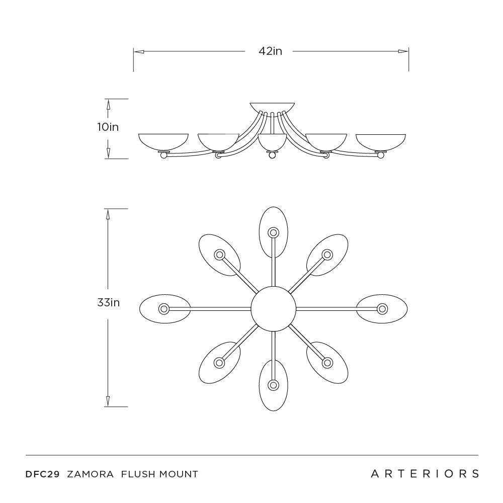 Technical dimension drawing of the Arteriors DFC29 Zamora flush mount chandelier, showing side and top-down views with measurements of 42 inches, 10 inches, and 33 inches on a white background.