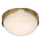 Ceiling light fixture with brass finish and white glass on a white background