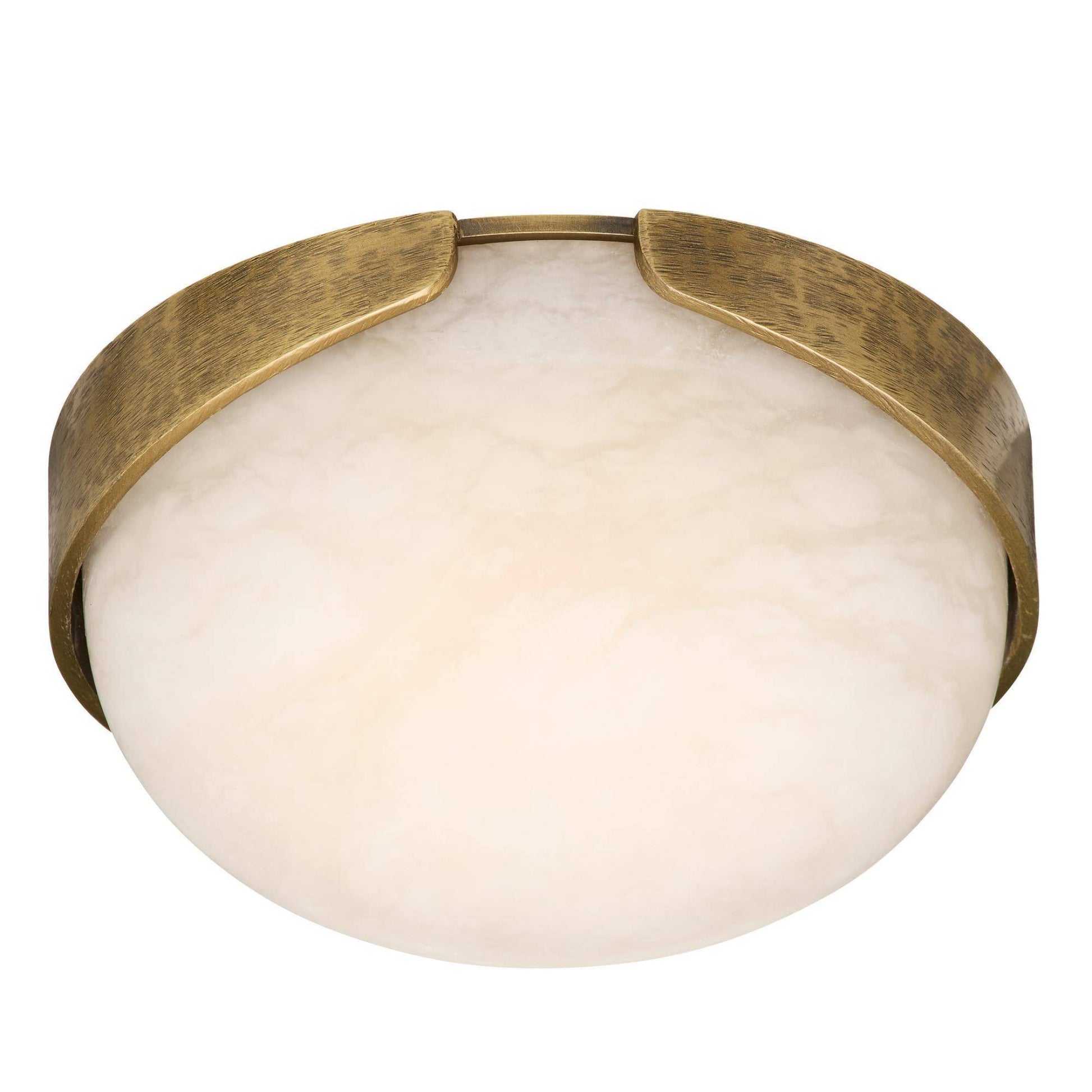 Ceiling light fixture with brass finish and white glass on a white background