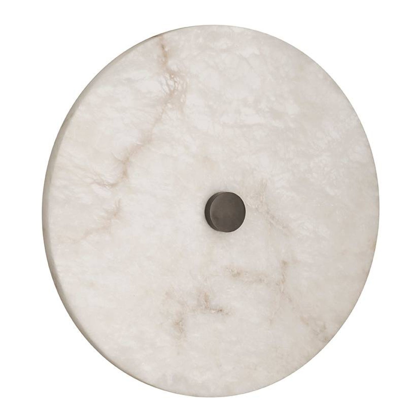 Round marble object with a central metallic disc on a white background