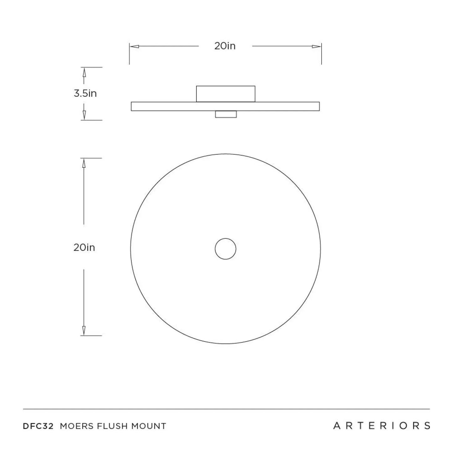 Technical drawing of a Moers flush mount fixture with dimensions and Arteriors branding.