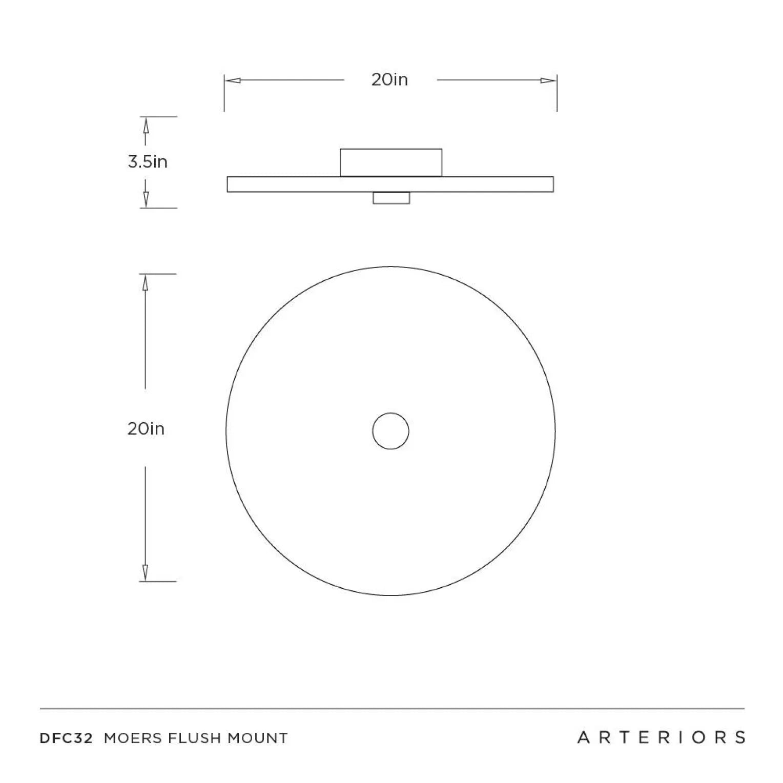 Technical drawing of a Moers flush mount fixture with dimensions and Arteriors branding.