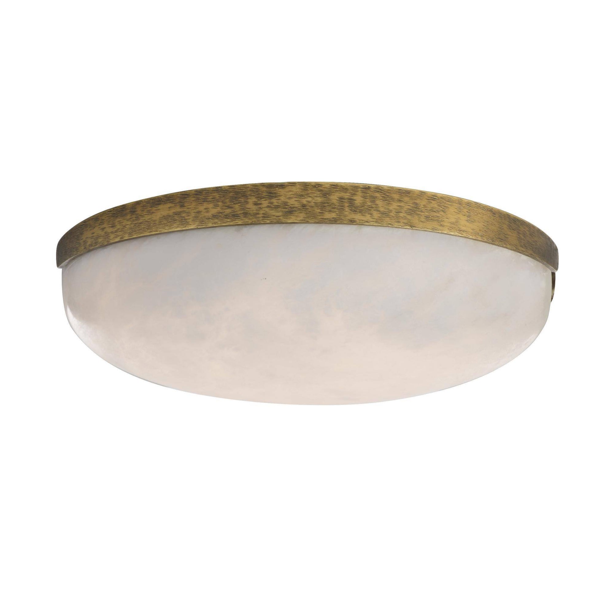 Ceiling light fixture with gold rim and white glass on a white background