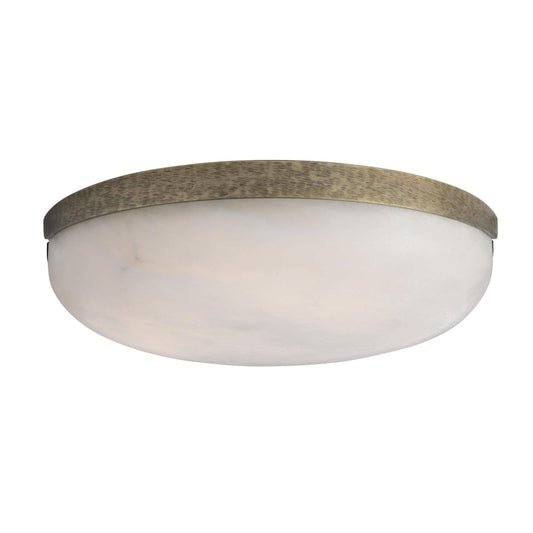 Ceiling light fixture with white glass shade and bronze metal trim on a white background