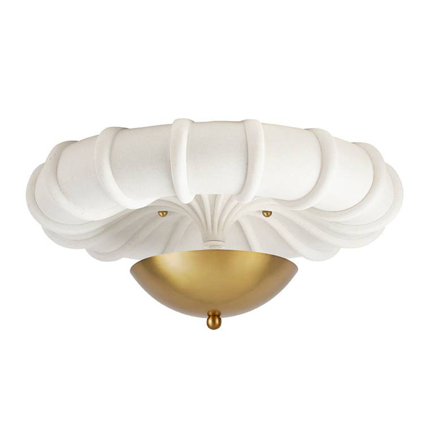 Ceiling light fixture with white shell-like shade and gold base on a white background