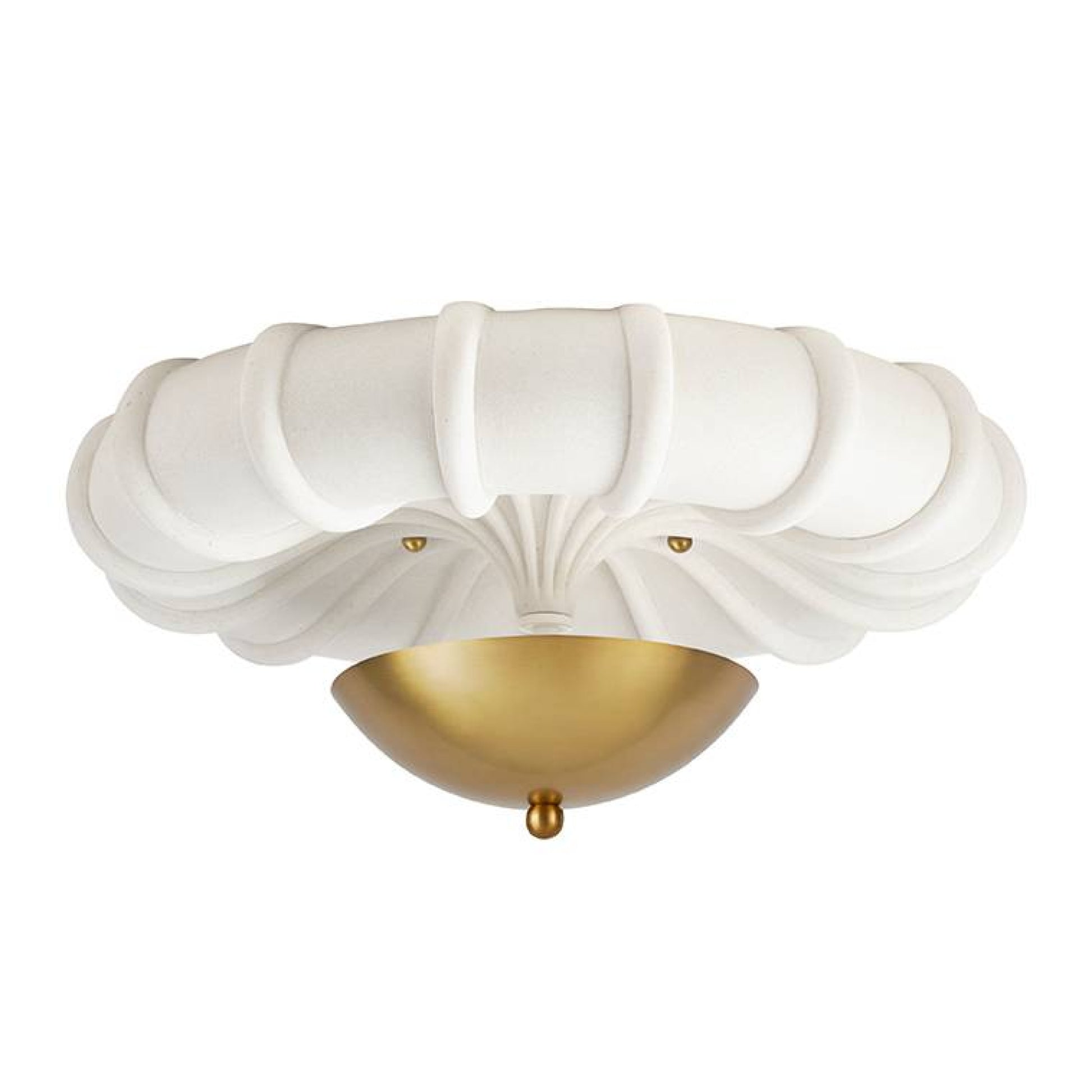 Ceiling light fixture with white shell-like shade and gold base on a white background