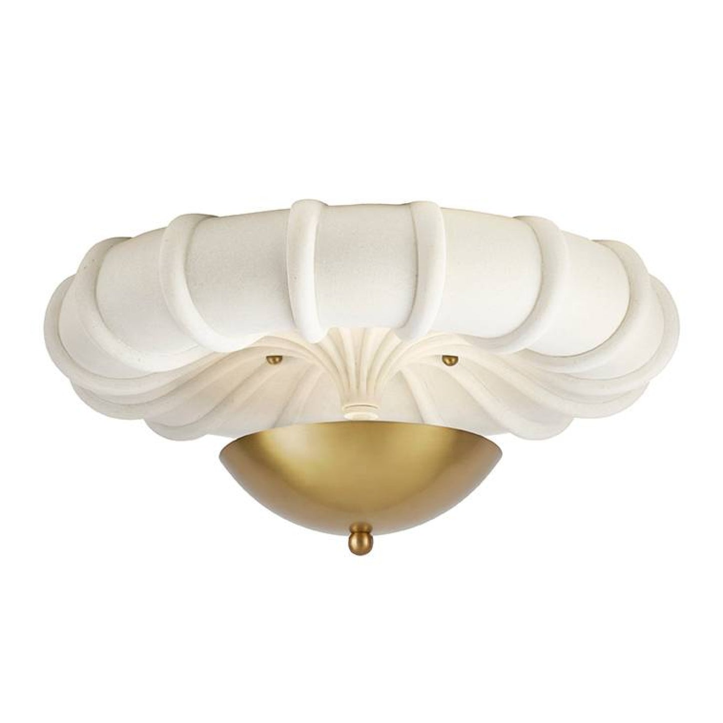 Ceiling light fixture with white shell-like shade and gold base on a white background