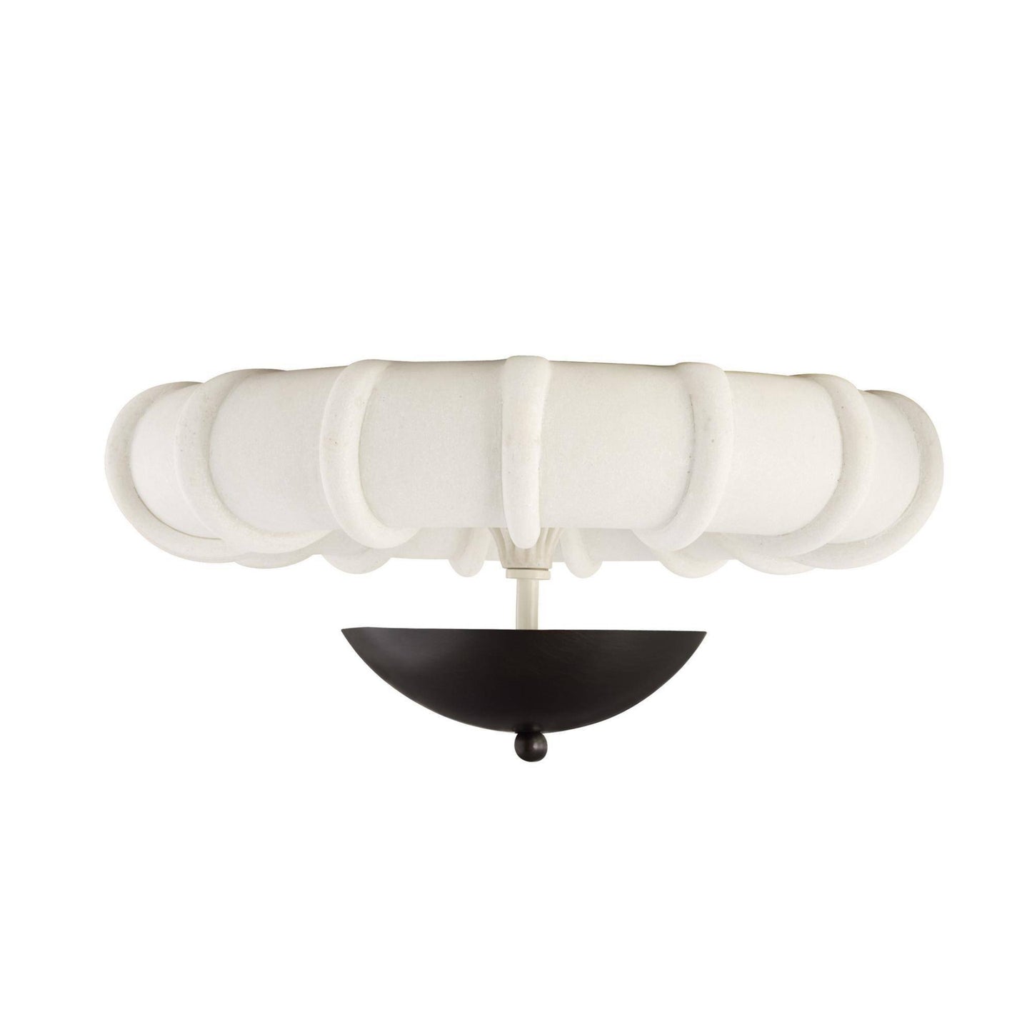 Ceiling light fixture with white glass shade and black base on a white background