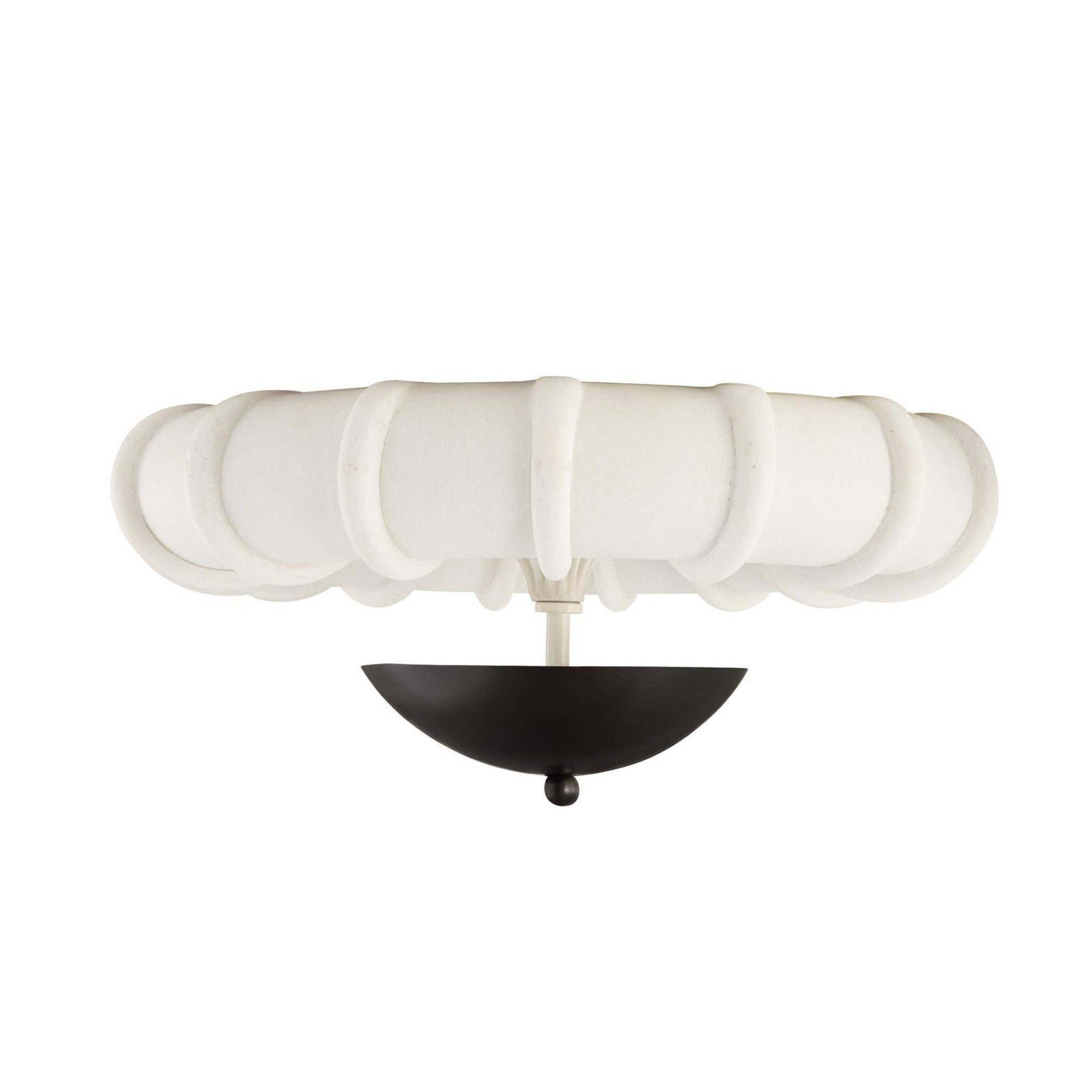 Ceiling light fixture with white glass shade and black base on a white background