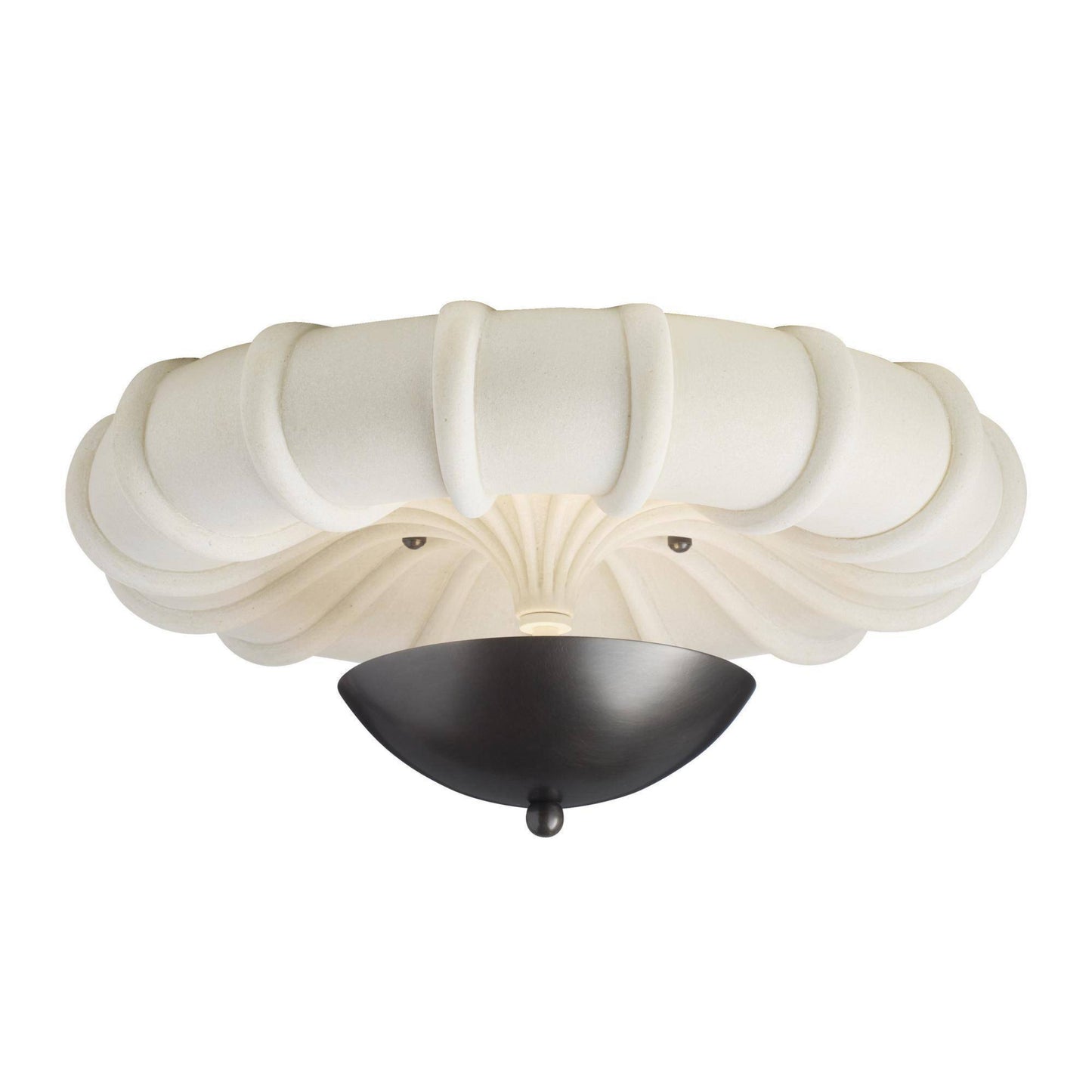 Ceiling light fixture with white shell-like glass shade on a white background