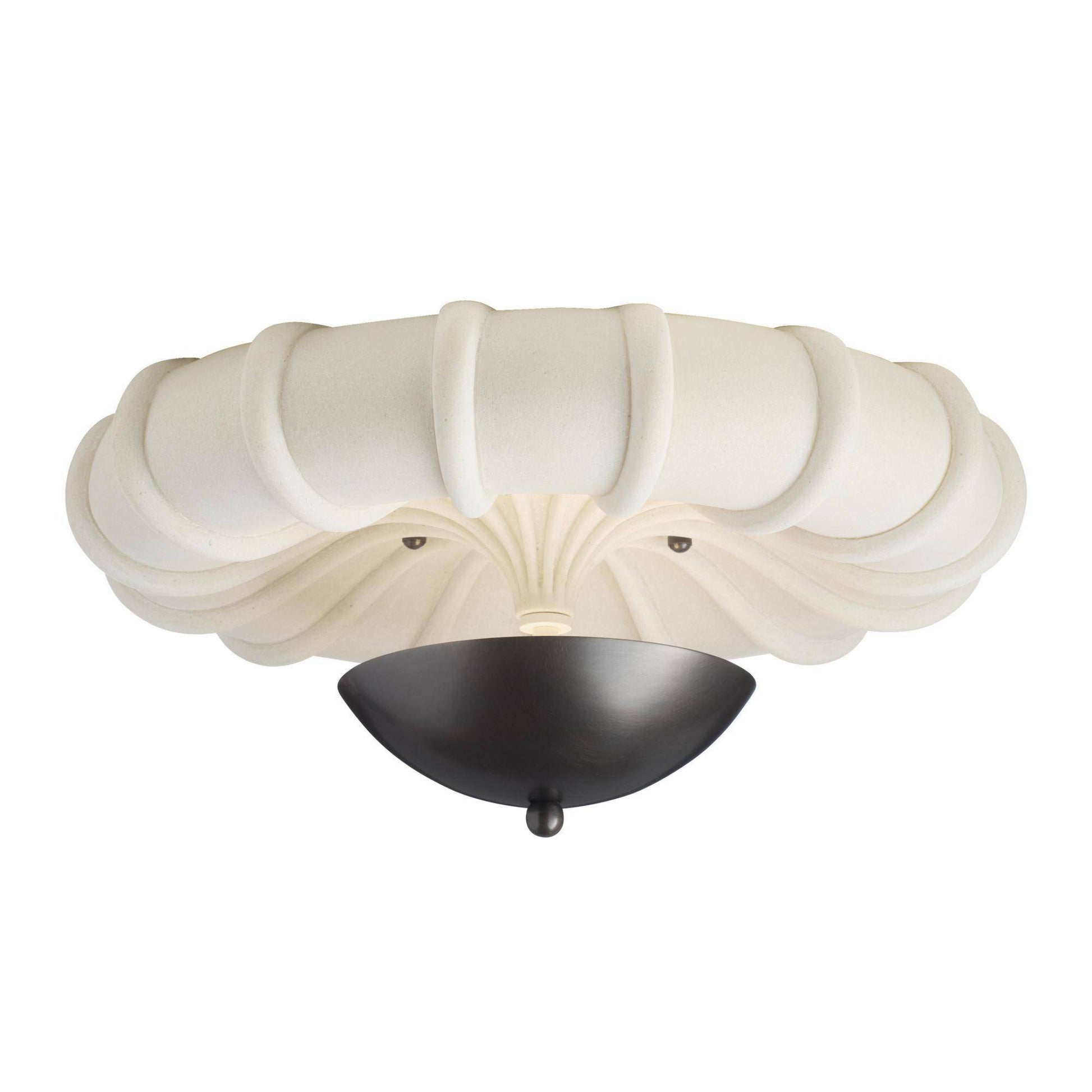 Ceiling light fixture with white shell-like glass shade on a white background