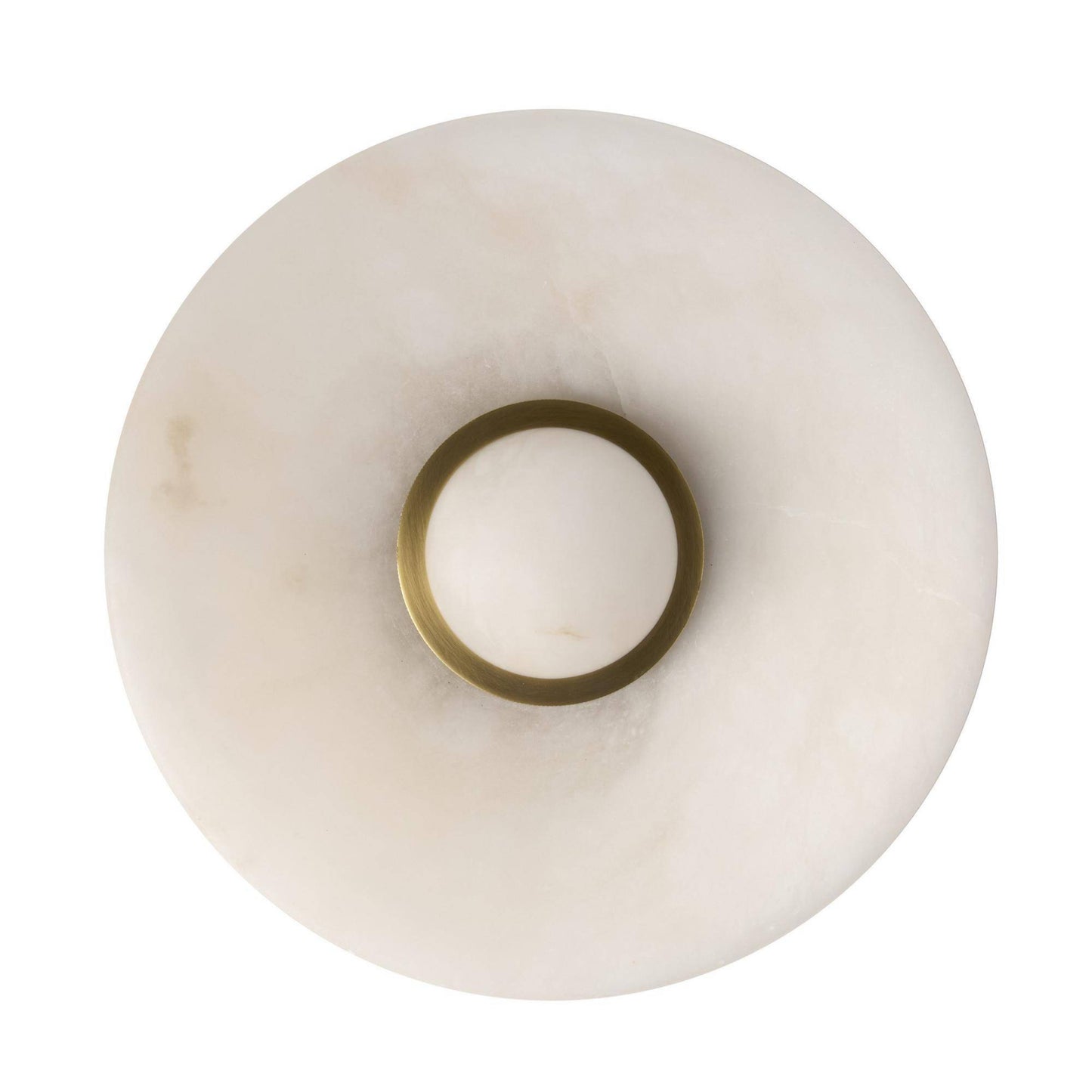 Round marble flush mount with a brass ring in the center on a white background