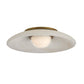 Ceiling light fixture with white glass shade and brass fixture on a white background