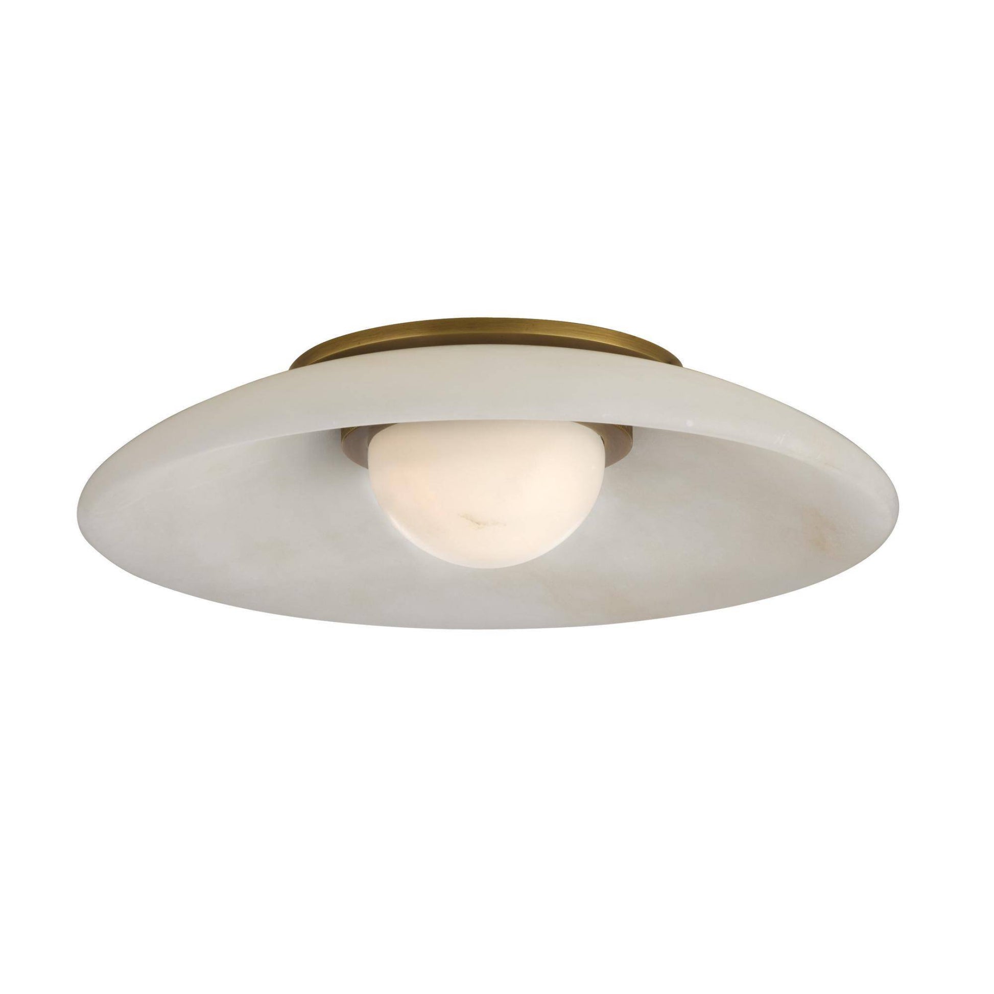 Ceiling light fixture with white glass shade and brass fixture on a white background